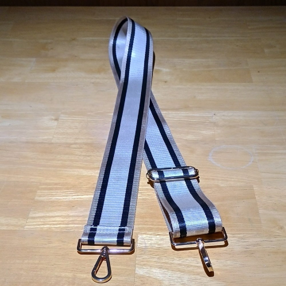 Adjustable White, Peach and Black Stripe Bag Strap with Gold Toned Hardware